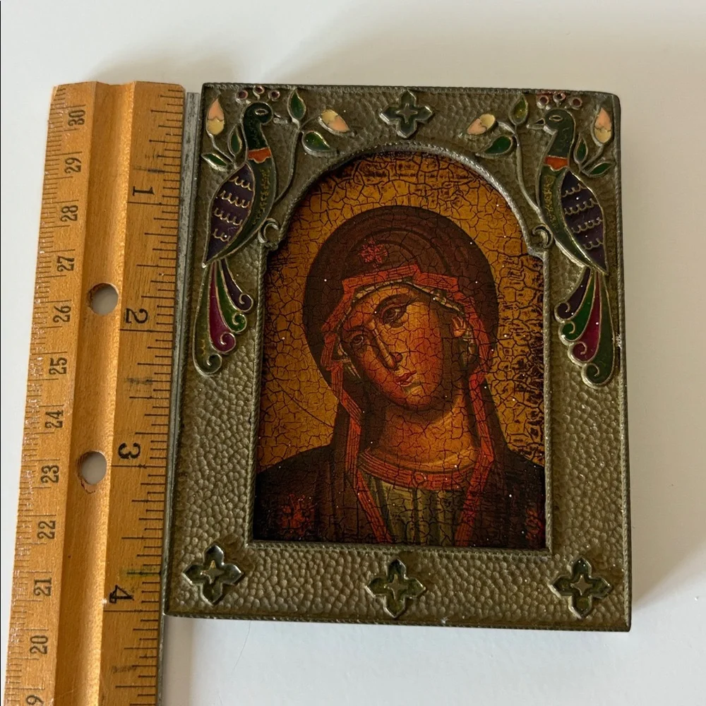 Icon of the Virgin Mary, Mother of God in Metal Cloisonné Peacock Enamel Frame - Picture 4 of 8